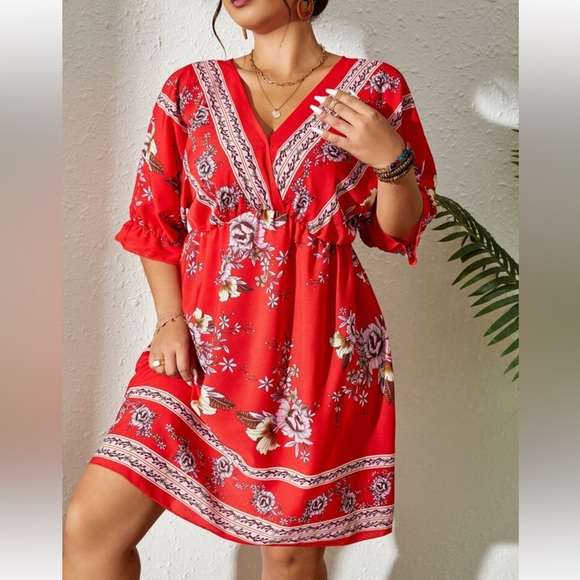 Boho Plus Size Floral Print Tie Back Dress Navy Blue - Picture 12 of 14